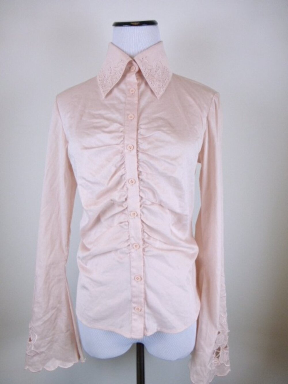 CATHERINE MALANDRINO pink embroidered LACE SHIRT S button up marked p 4 6